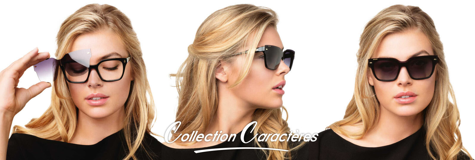 Femme portant un modèle de lunettes de la collection Magic Caractères dans 3 poses différentes